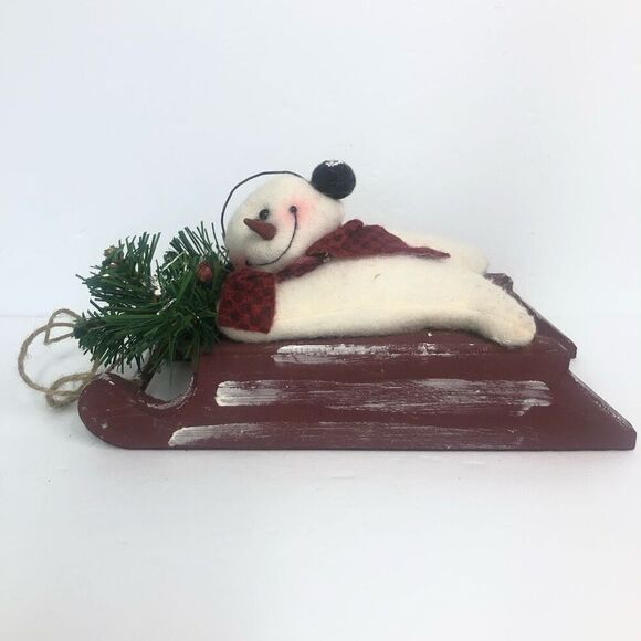 felted wool plush snowman sledding checkers scarf ear muffs pine tree red primit - Picture 1 of 8